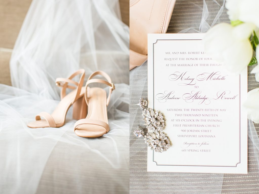 Bridal shoes over draped veil; Invitation