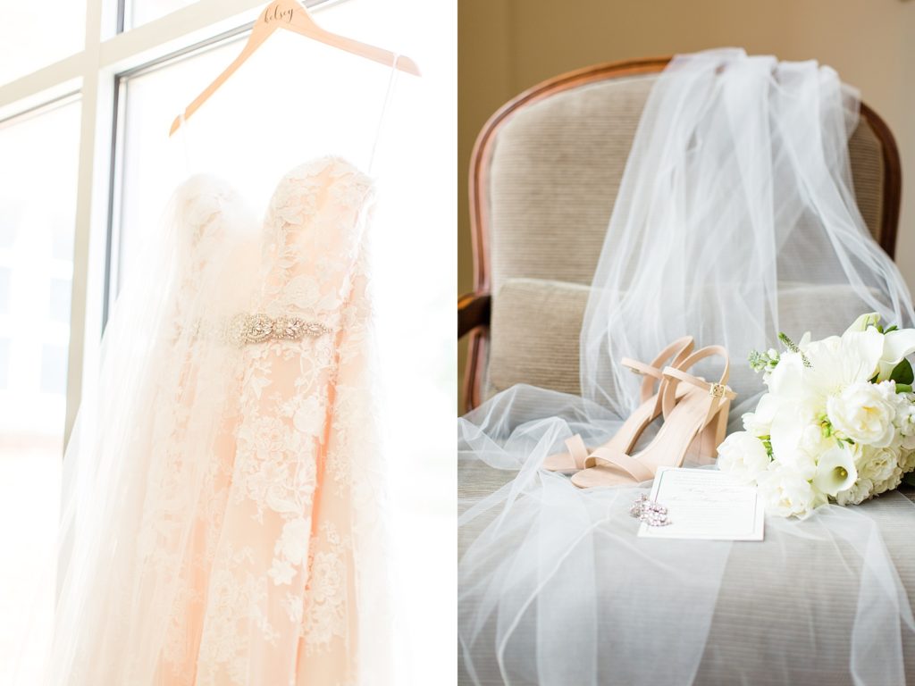 Wedding dress, Wedding shoes, invitation, and bridal bouquet sitting in chair with draped veil