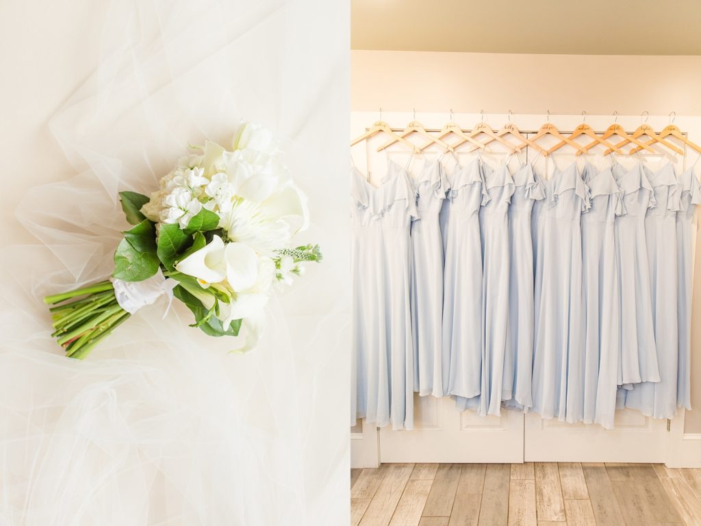 Bridal bouquet; Blue bridesmaids dresses hanging