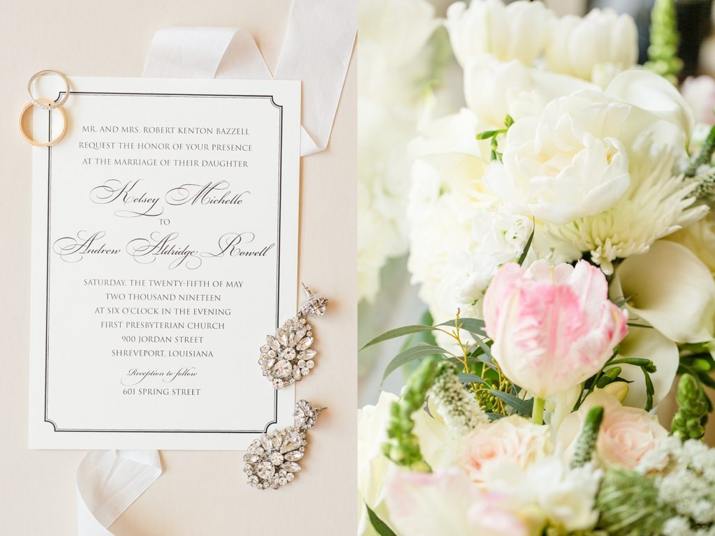 Classic invitations, wedding rings, jeweled earrings, flowers