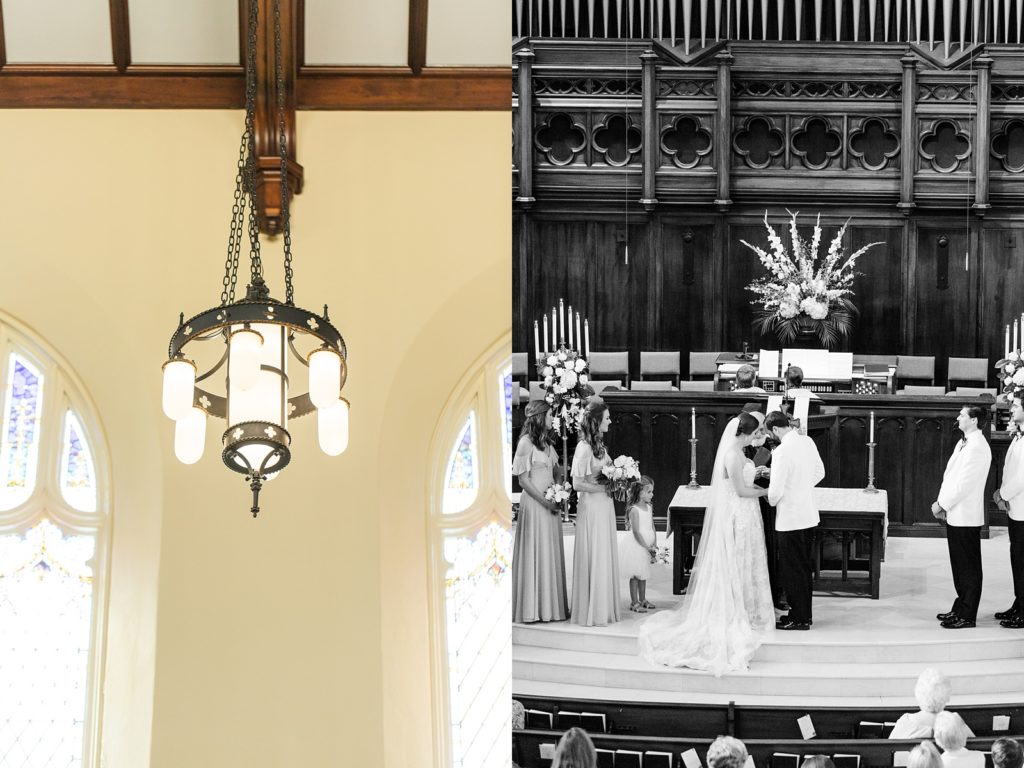 Chandelier of First Presbyterian Shreveport; Bride and groom during prayer