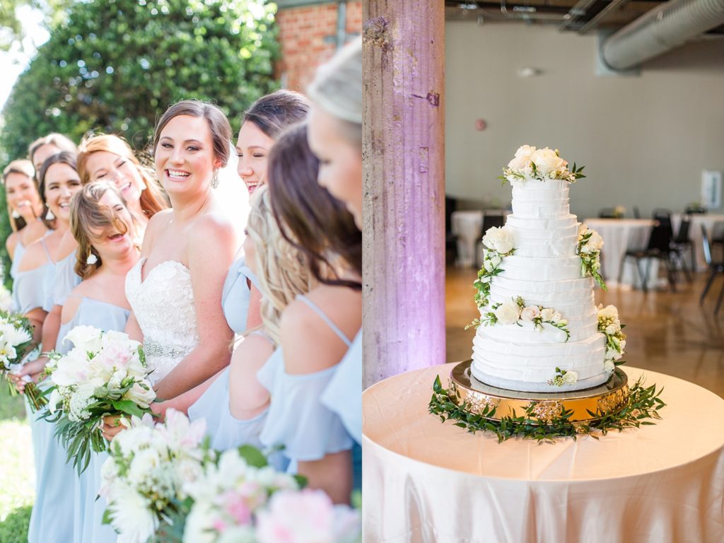 Bride and bridesmaids; wedding cake at 601 Spring