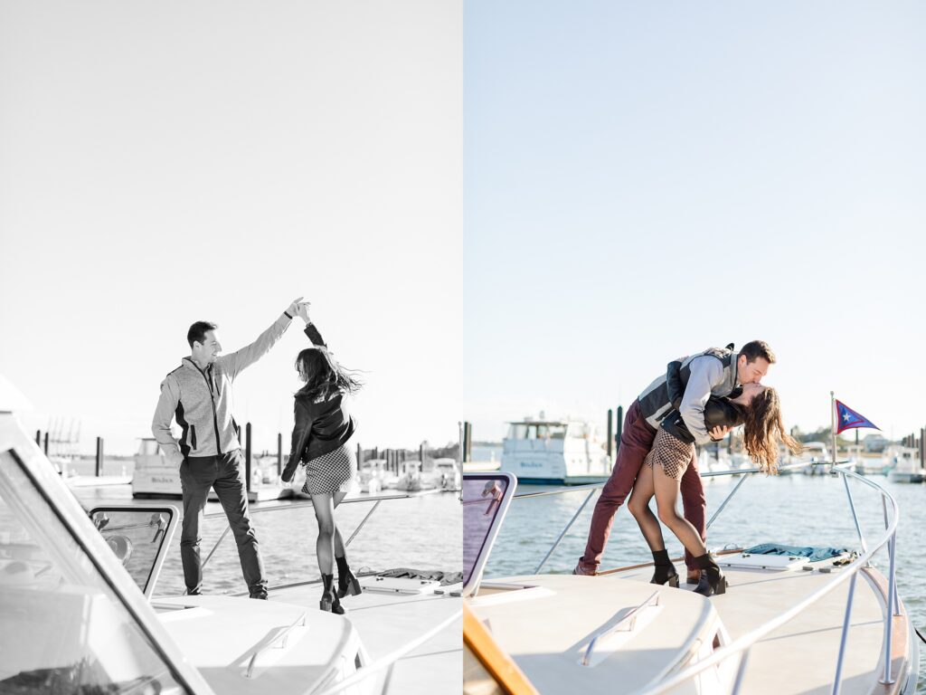 Newly engaged couple dancing on boat at Daniel Island Yacht Club in Charleston, South Carolina; Proposal photography