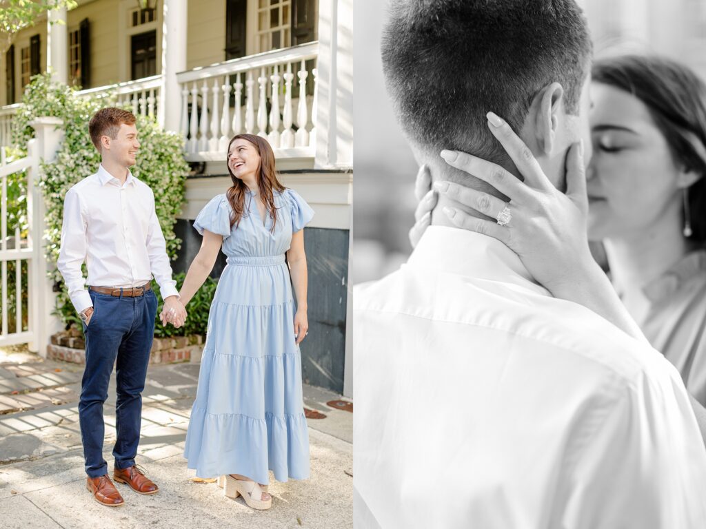 couple in historic Charleston with engagement ring