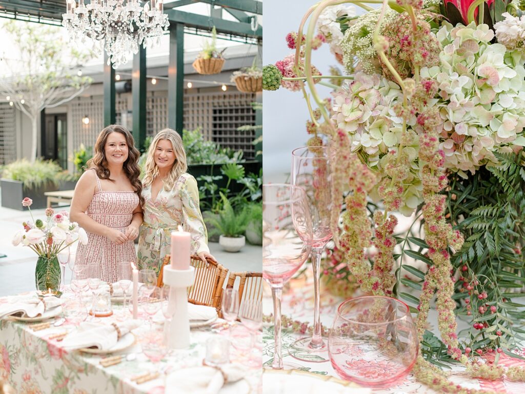pink and green tablescape and florals at Hotel Emeline, Charleston, South Carolina