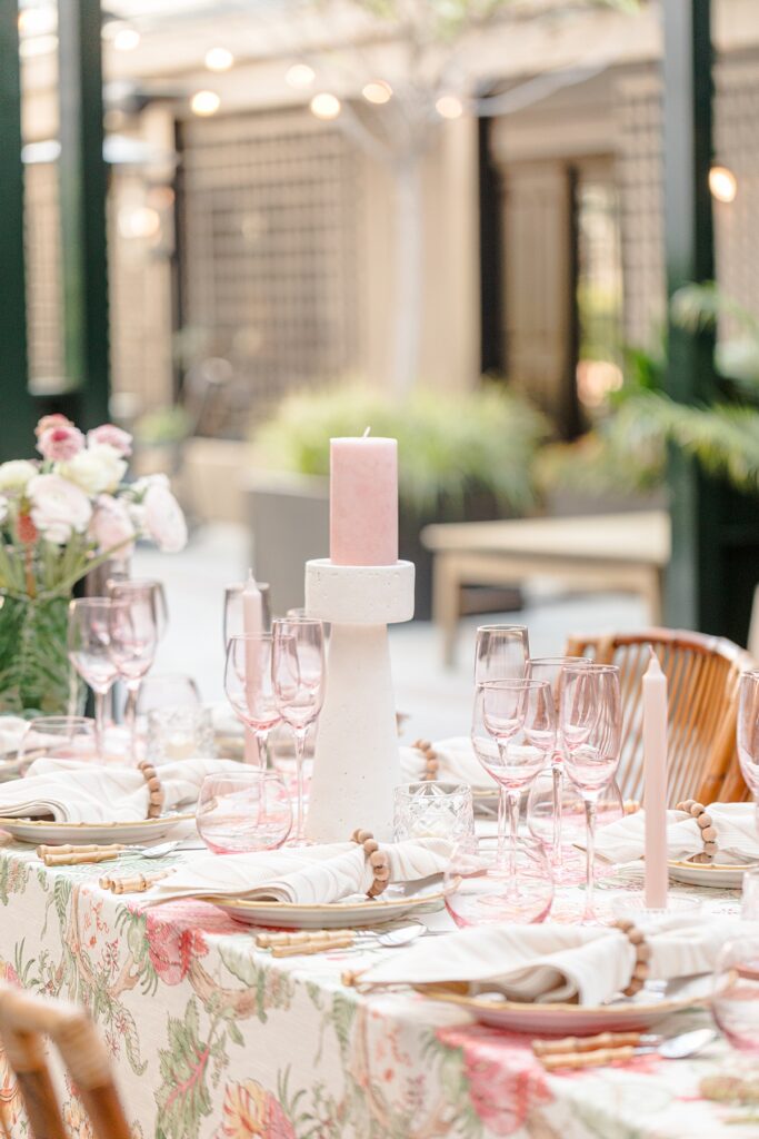pink and green tablescape at Hotel Emeline, Charleston, South Carolina